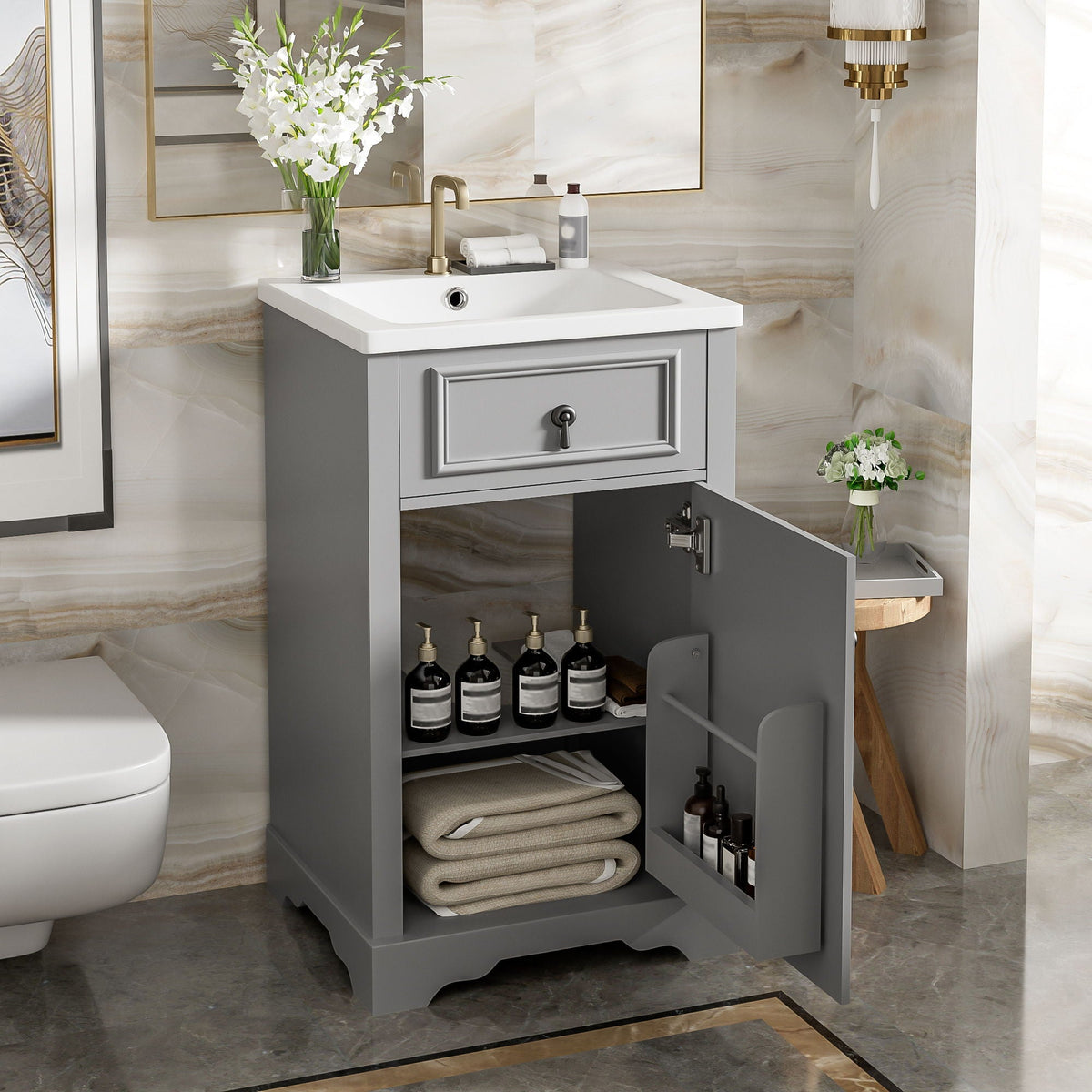 Elegant Bathroom Vanity with Ceramic Sink and Soft-Close Door - Multiple Colors