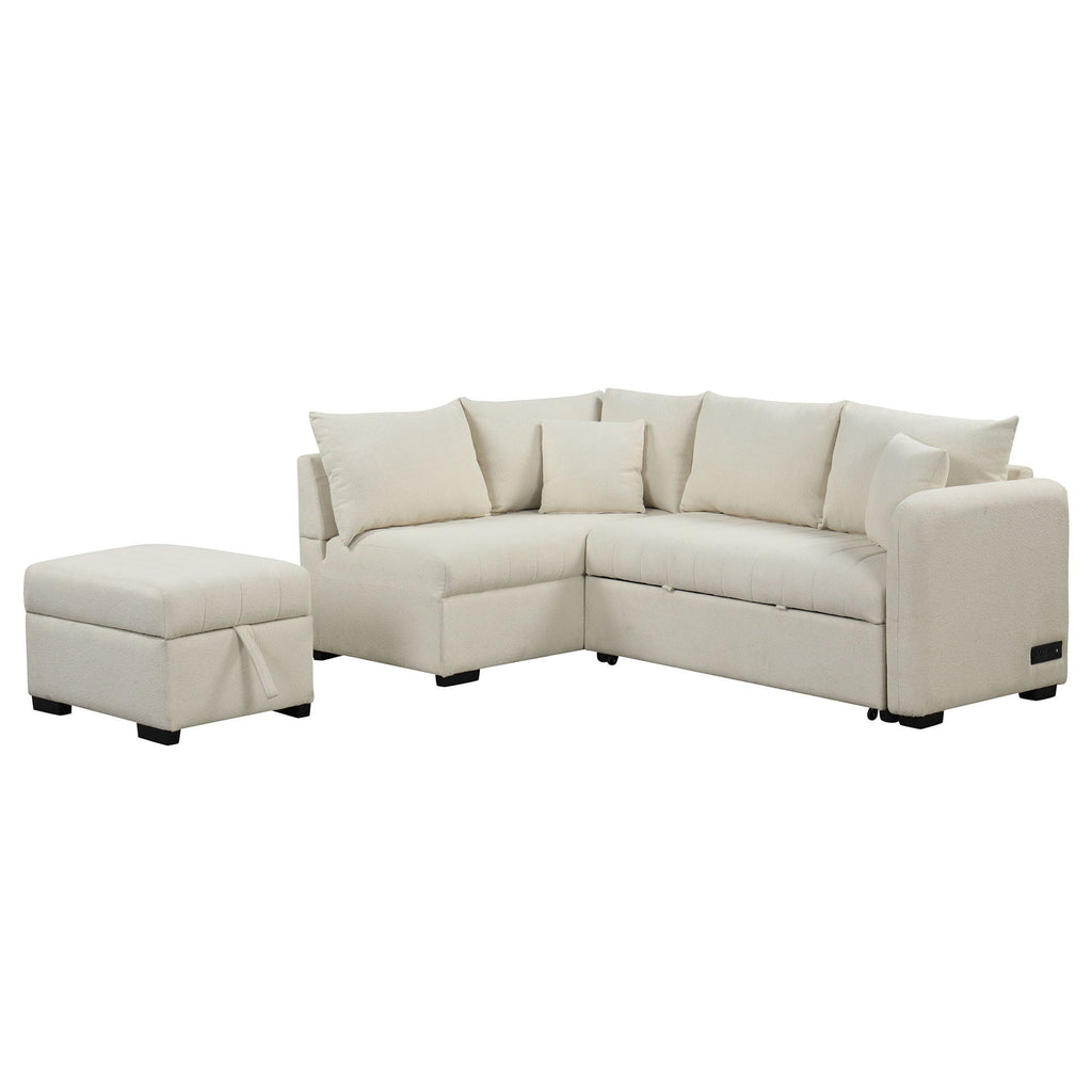 L-Shaped Sleeper Sectional with Pull-Out Bed and Storage Ottoman - Gray or Beige