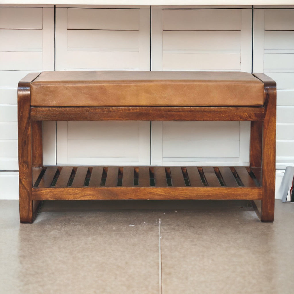 Solid Wood Slatted Bench with Leather Upholstery and Open Storage - Chestnut