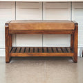 Solid Wood Slatted Bench with Leather Upholstery and Open Storage - Chestnut
