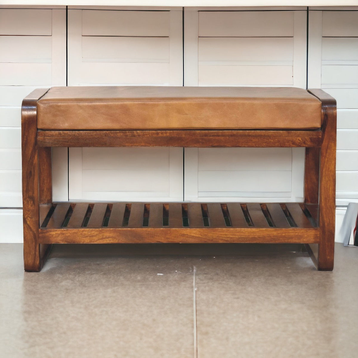Solid Wood Slatted Bench with Leather Upholstery and Open Storage - Chestnut