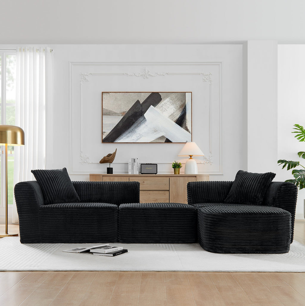 114" Cloud Sectional Couch with L-Shape Chaise – Corduroy Modular Sofa - Black or Grey