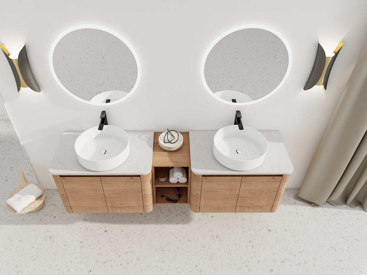 72" Wall-Mounted Bathroom Vanity with Ceramic Sink and Soft-Close Doors - White
