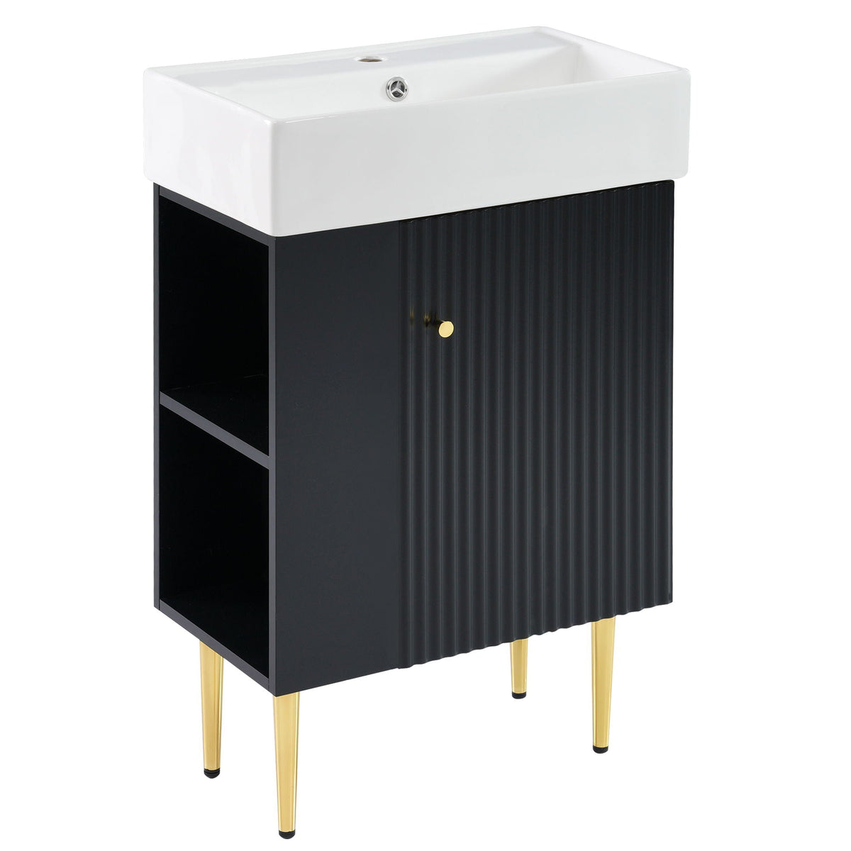 Bathroom Vanity with Single Ceramic Sink and Side Storage - Multiple Colors
