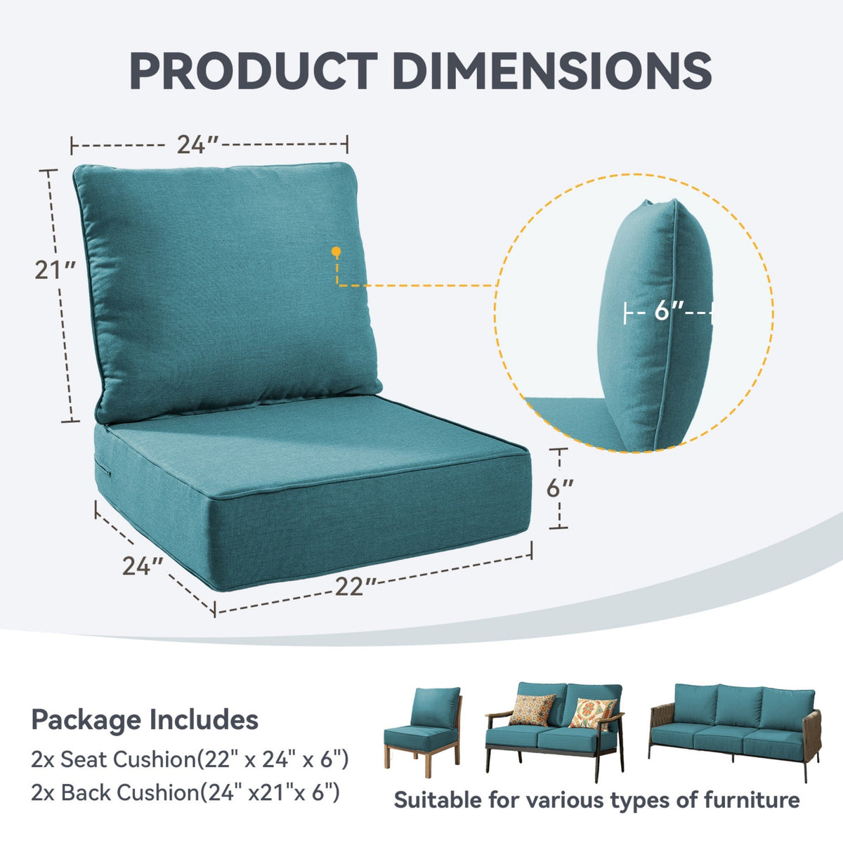 6" Thicker Outdoor Chair Cushion Set with Waterproof Olefin - Peacock