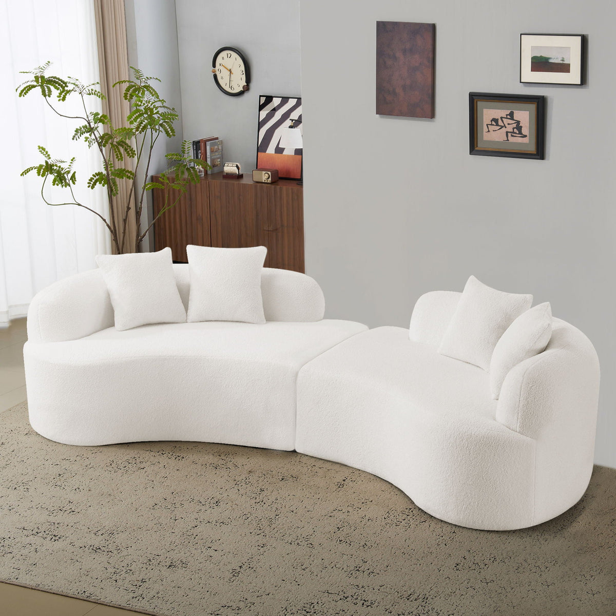 Curved 4 Seater Full Compression Sponge Sofa with Soft Upholstery - White or Gray