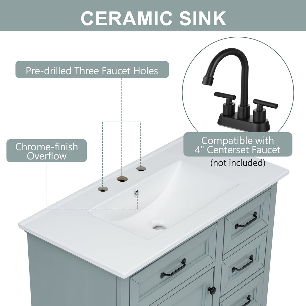 36" Bathroom Vanity with Ceramic Sink and Storage - Grey