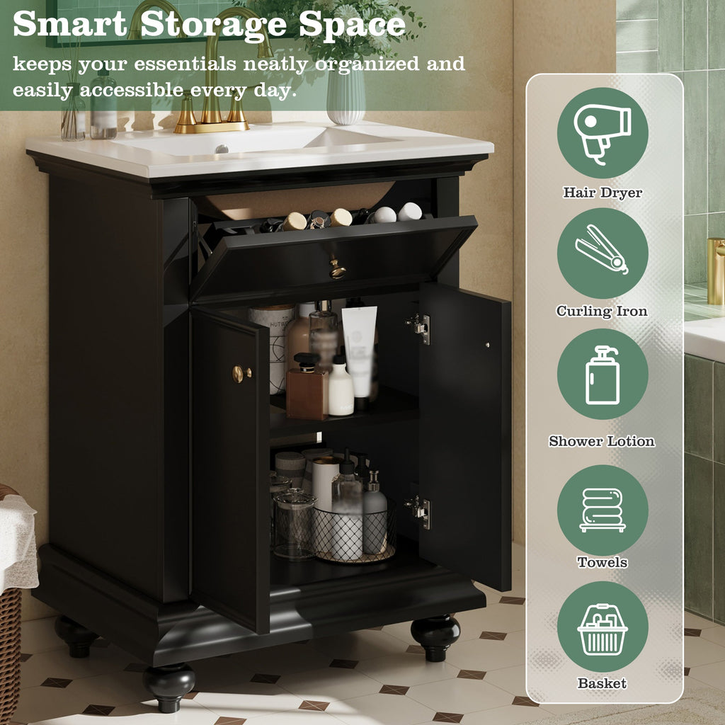 24" Modern Bathroom Vanity with Tip-Out Drawer & Soft-Close Hinges - Black, Green, or White