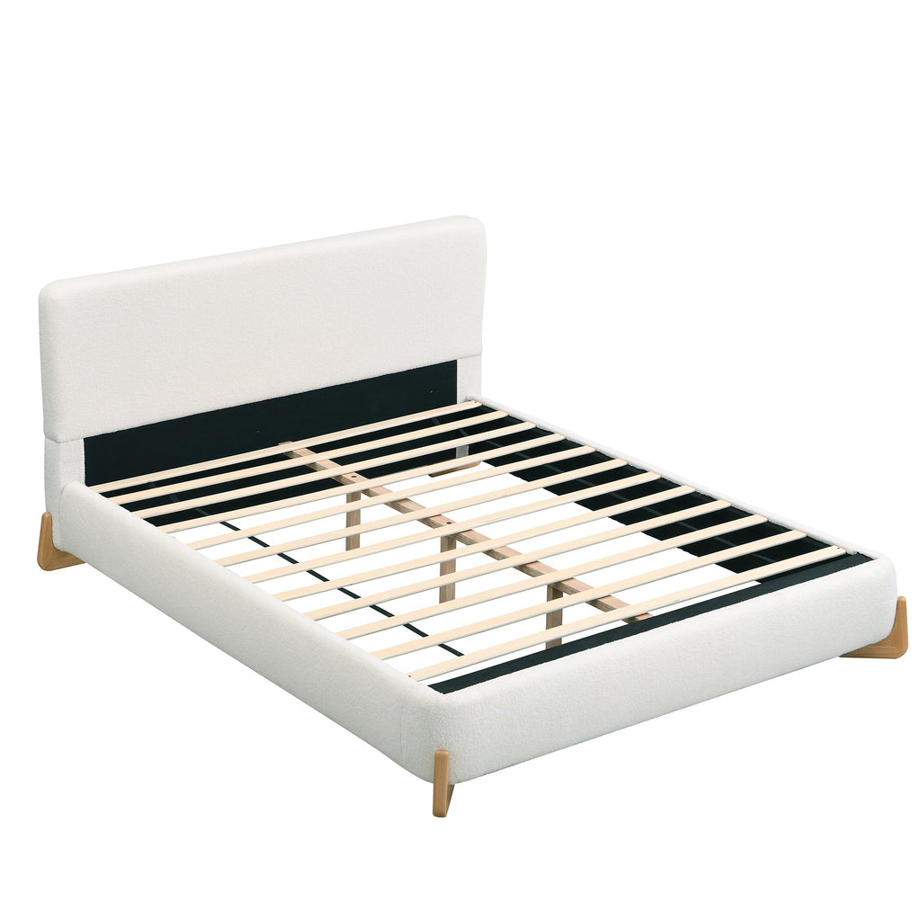 Elegant Boucle Upholstered Bed with Solid Wood Support - White