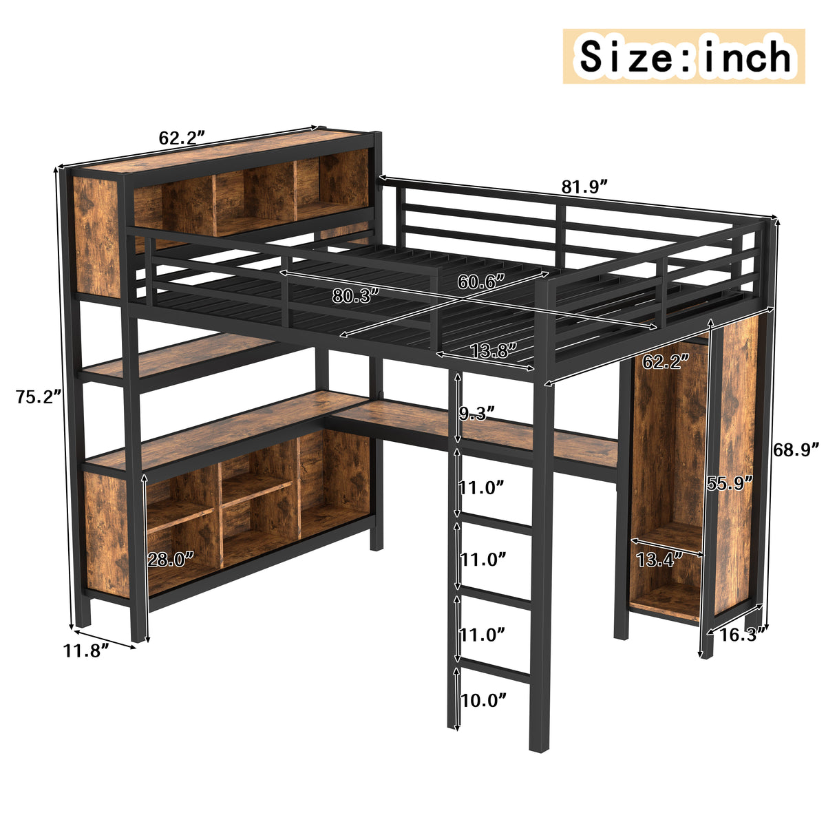 Metal Loft Bed with L-Shaped Desk and Wardrobe - Queen Size