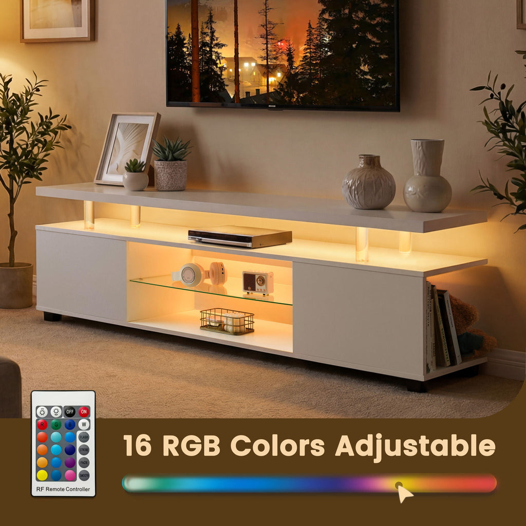 TV Stand with LED and Large Side Cabinet - White, Black, or Gray
