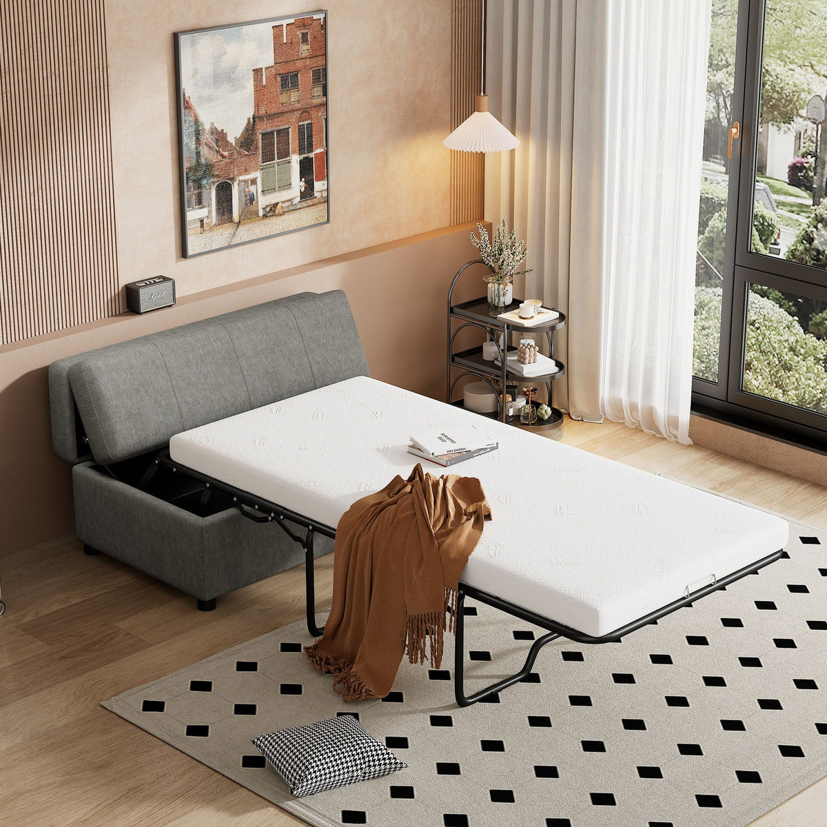 Twin Size Folding Ottoman Sleeper Bed with Mattress - Light Brown, Black, Dark Gray, White