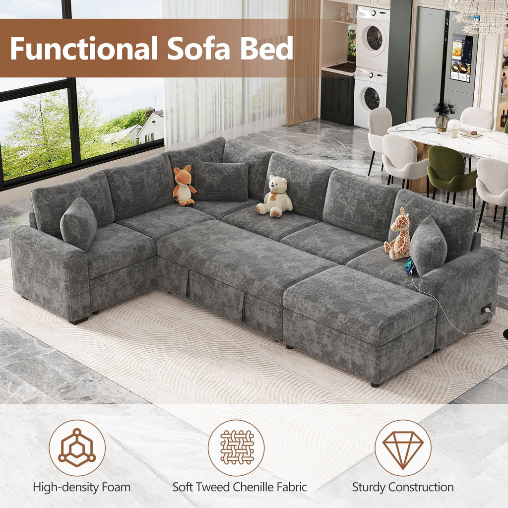 Sleeper Sectional Sofa with Storage Ottoman and USB Charging - White or Dark Gray