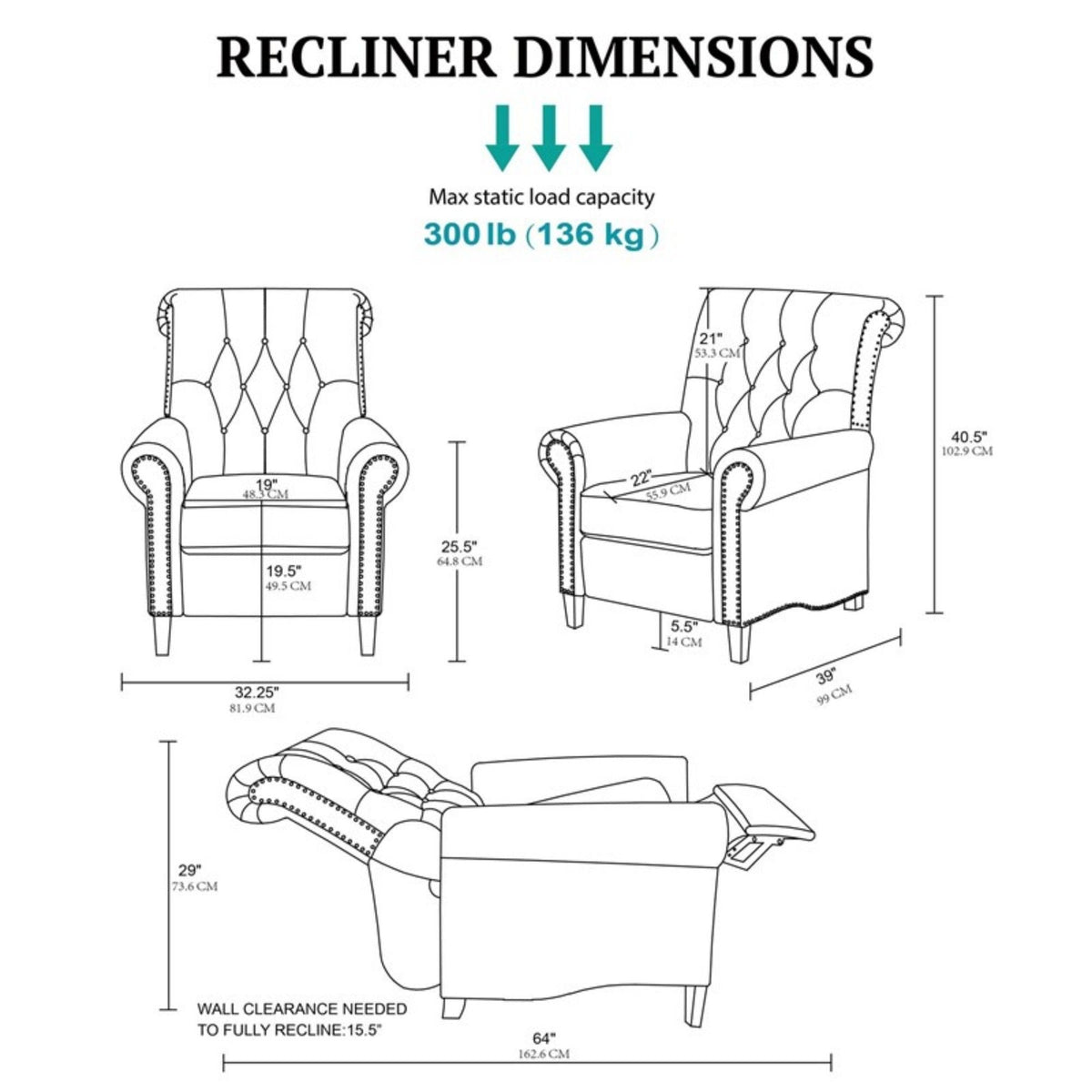 Cream Push Back Recliner Chair with Tufted Back and Nailhead Trim