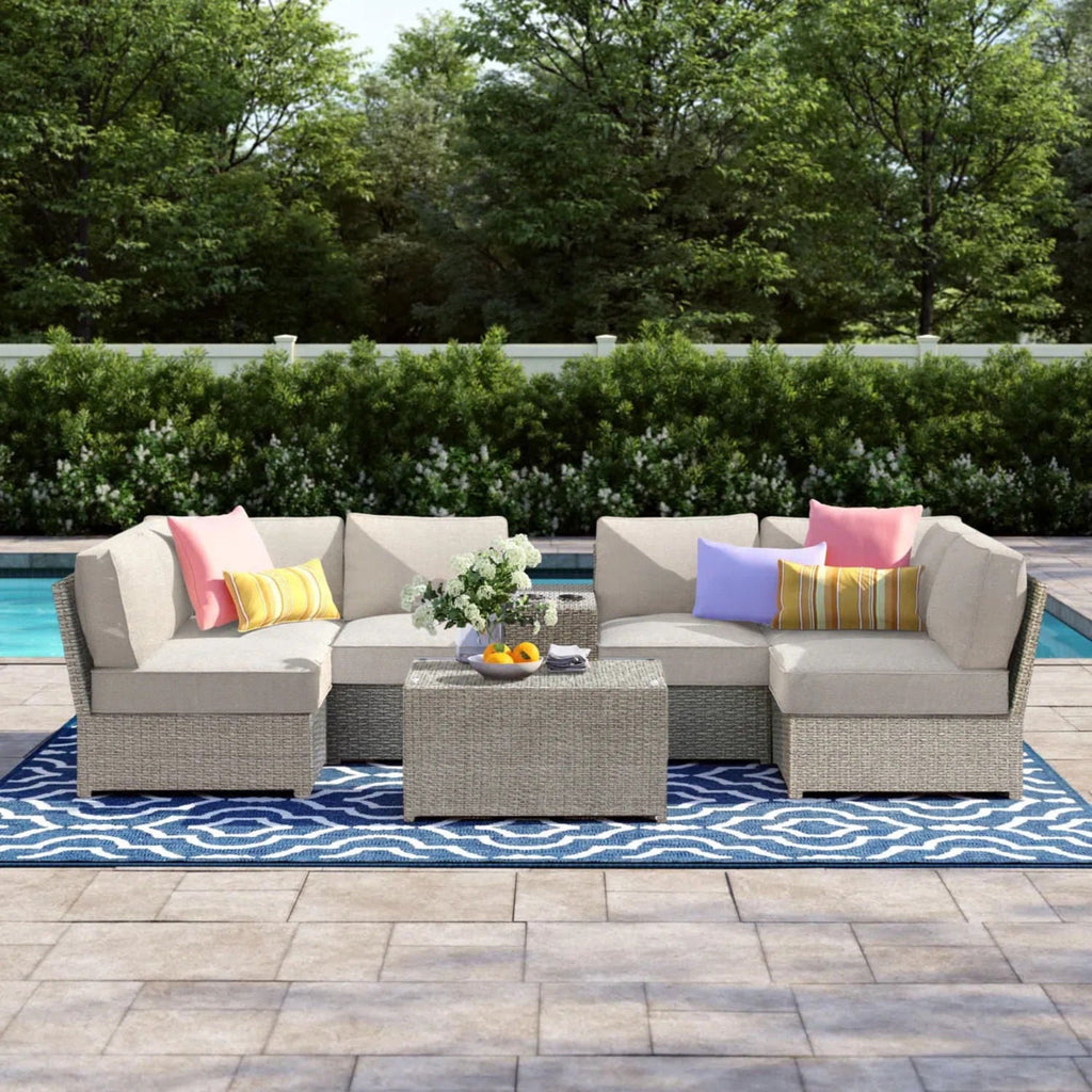 Modern Patio Rattan Sectional Set with Cushions - Multiple Colors
