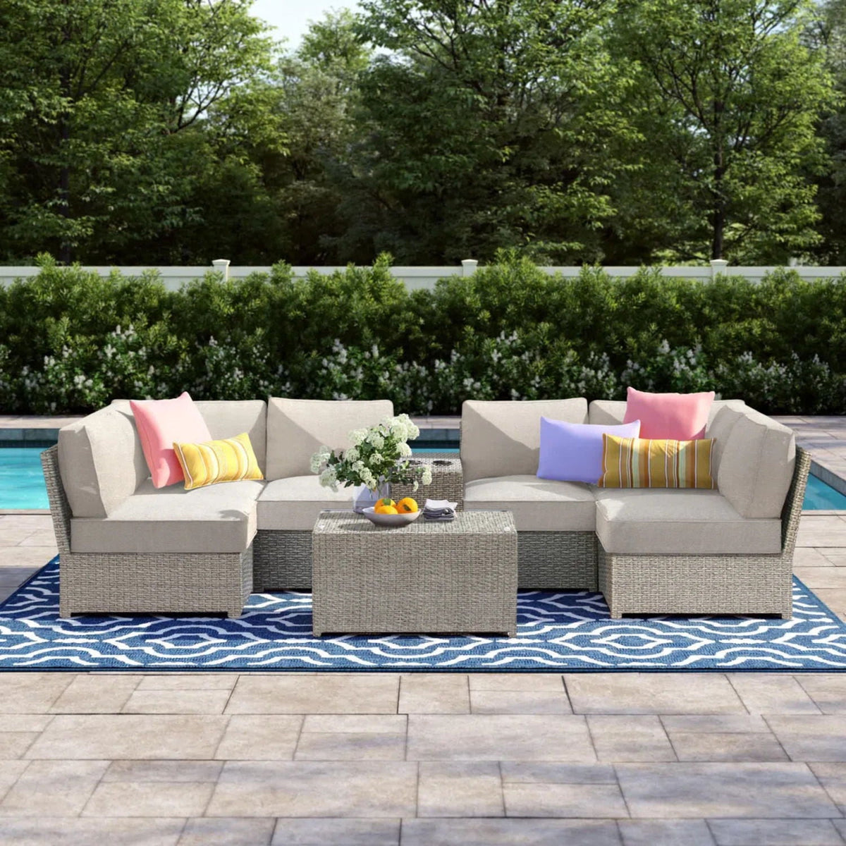 Modern Patio Rattan Sectional Set with Cushions - Multiple Colors