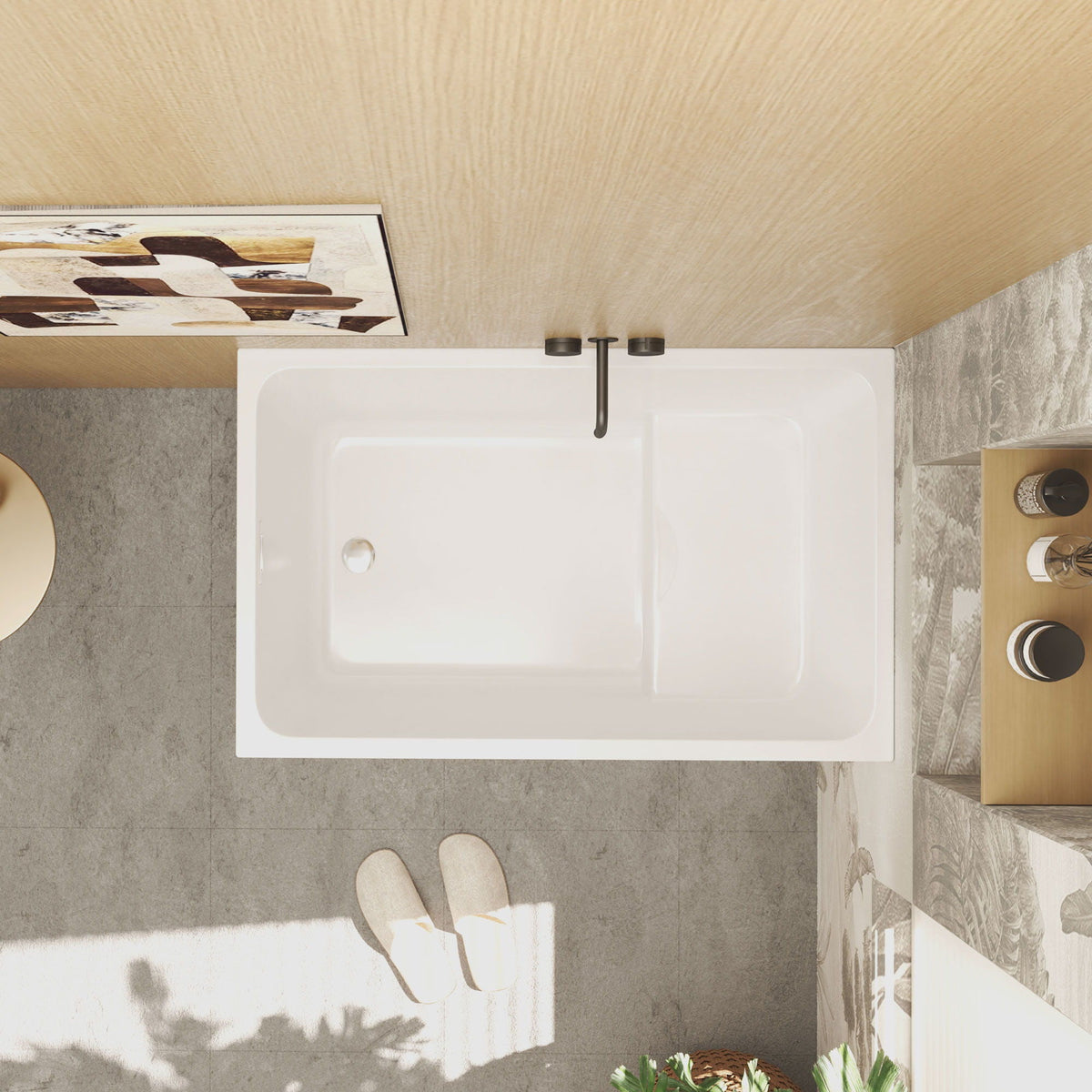 Gloss Freestanding Bathtub with Built-In Seat - White
