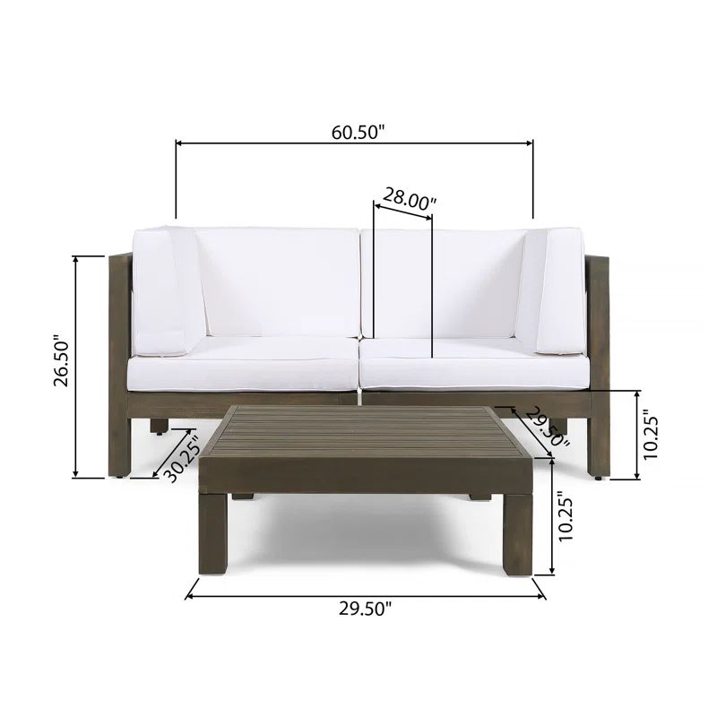 Oana 3 Piece Loveseat Set with Coffee Table - Acacia Wood Outdoor Seating