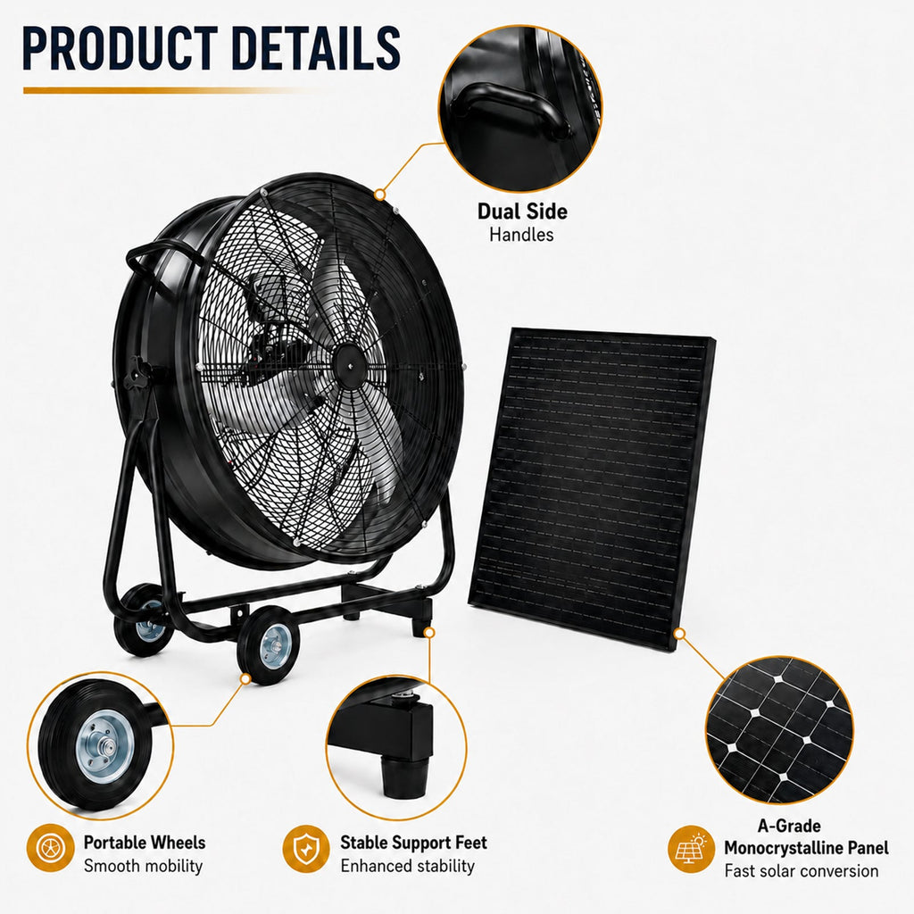 30" Wheeled Solar Fan with Adjustable Solar Panel and Remote Control - Black