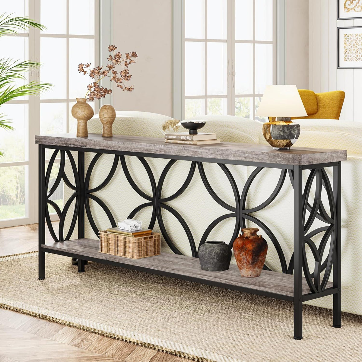 Extra Long Console Table with Open Storage Shelves - Dark Gray or Dark Brown
