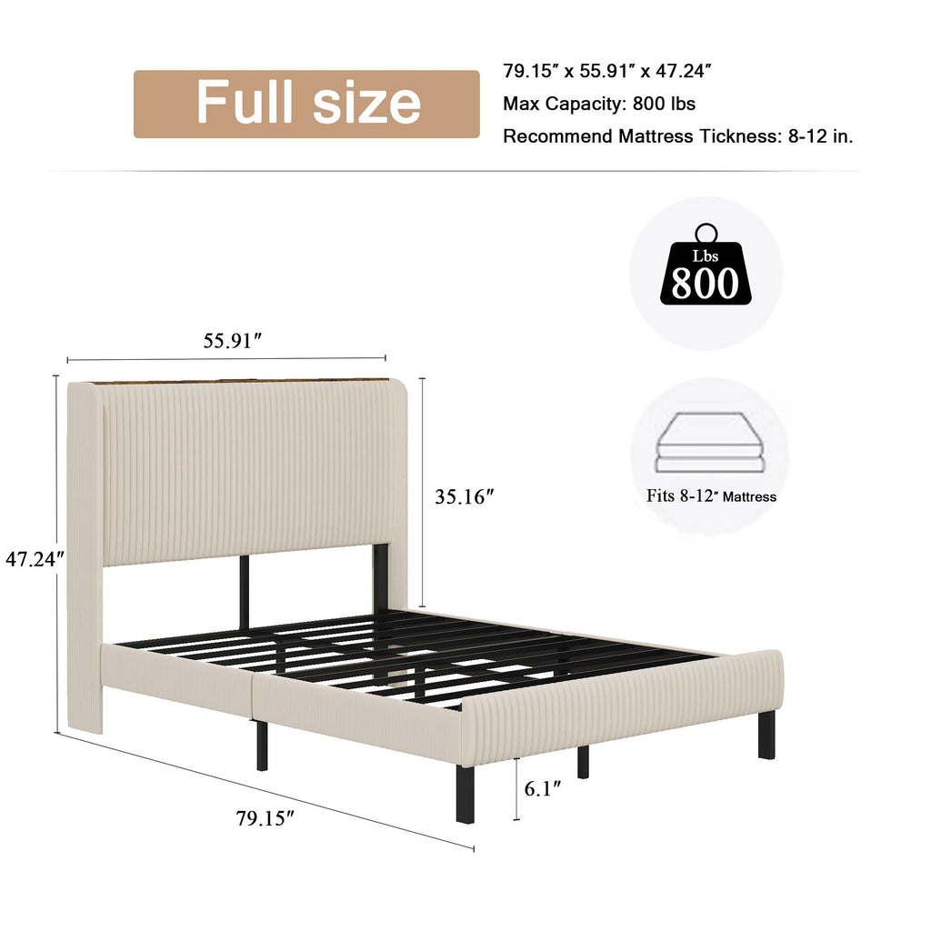 Beige Platform Bed with Metal Frame and USB Charging Station