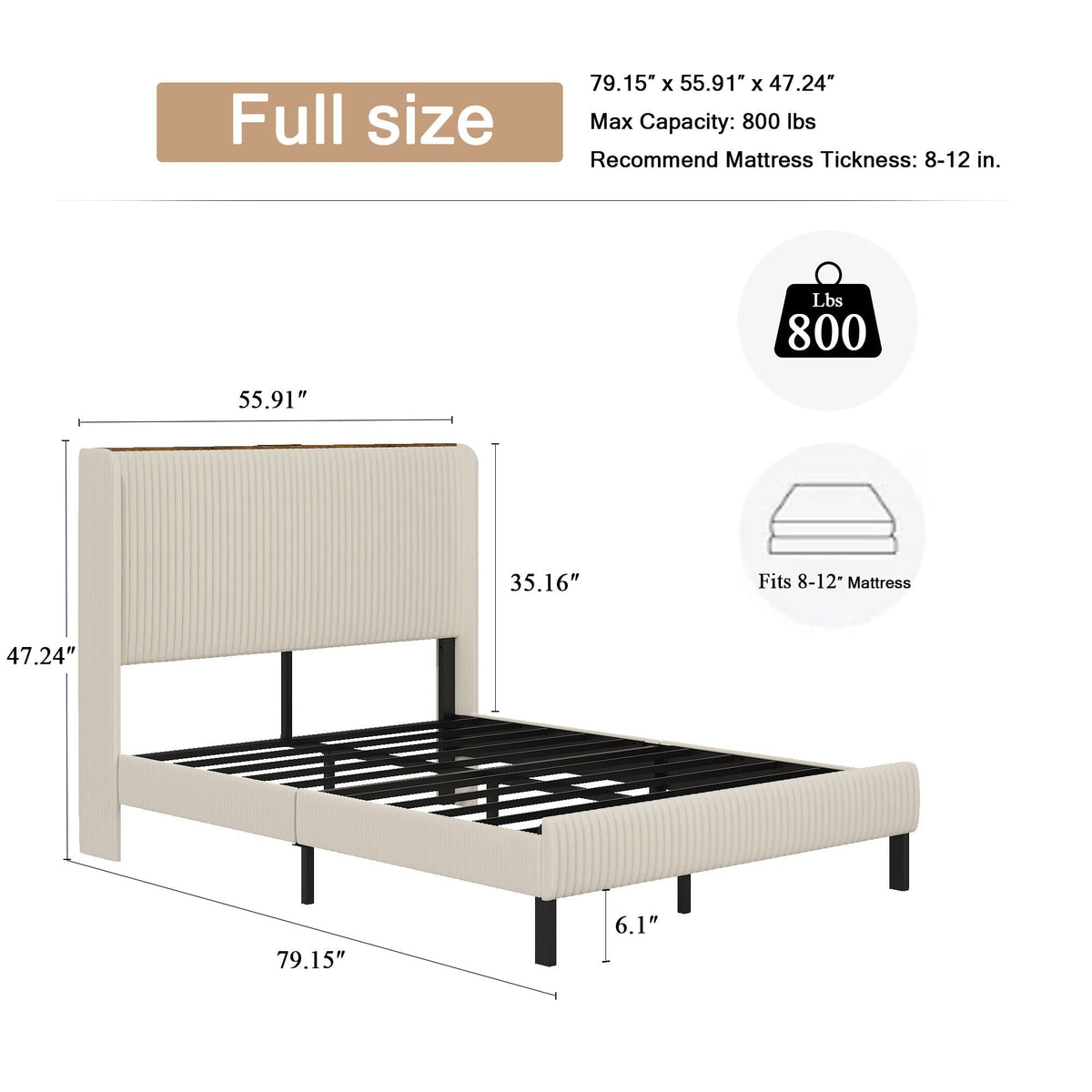 Beige Platform Bed with Metal Frame and USB Charging Station