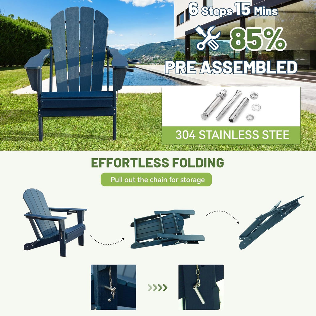 Foldable HDPE Adirondack Chair with Built-In Cup Holder - Dark Blue