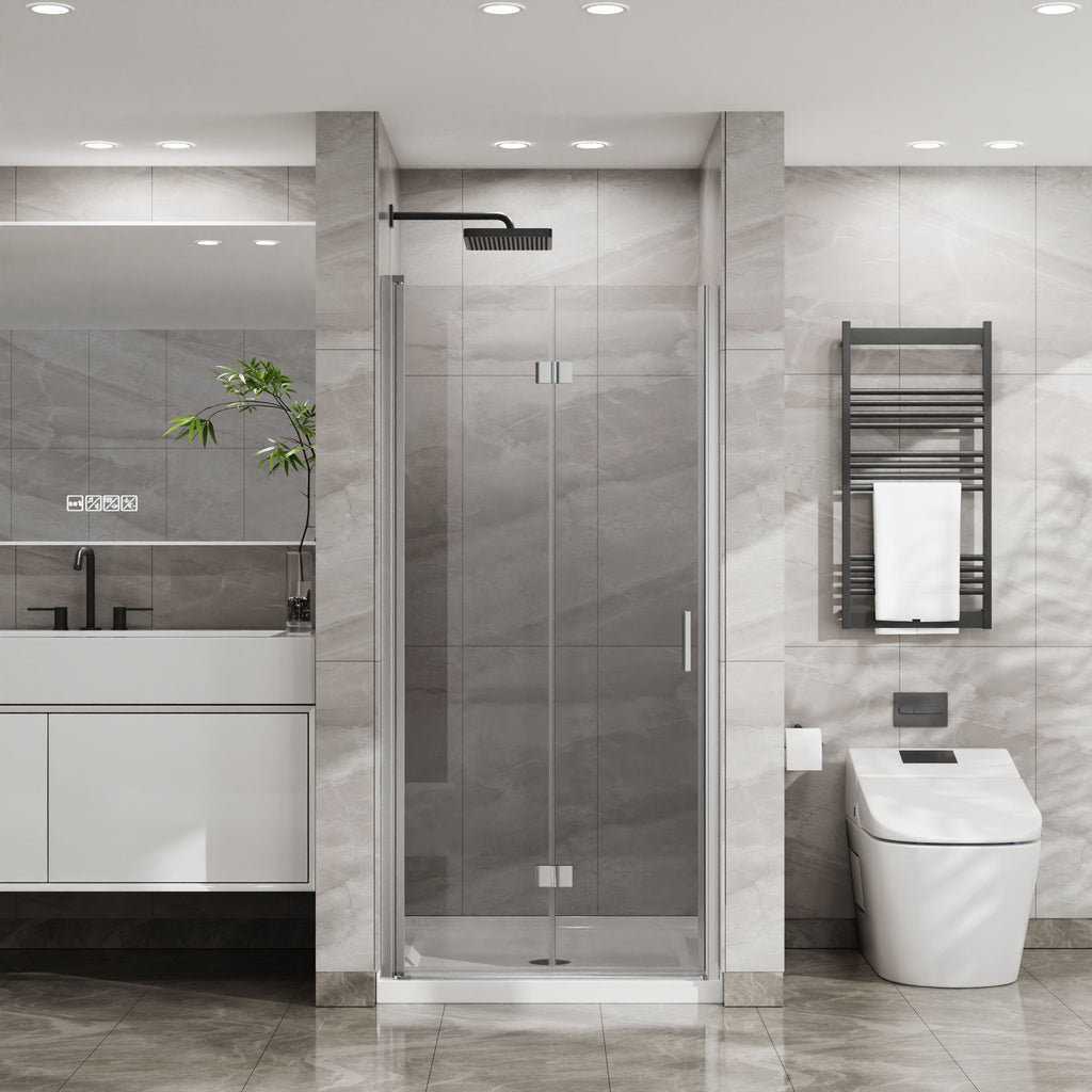 Frameless Glass Shower Door Bifold with Zinc Alloy Handle - Pearl Silver or Black