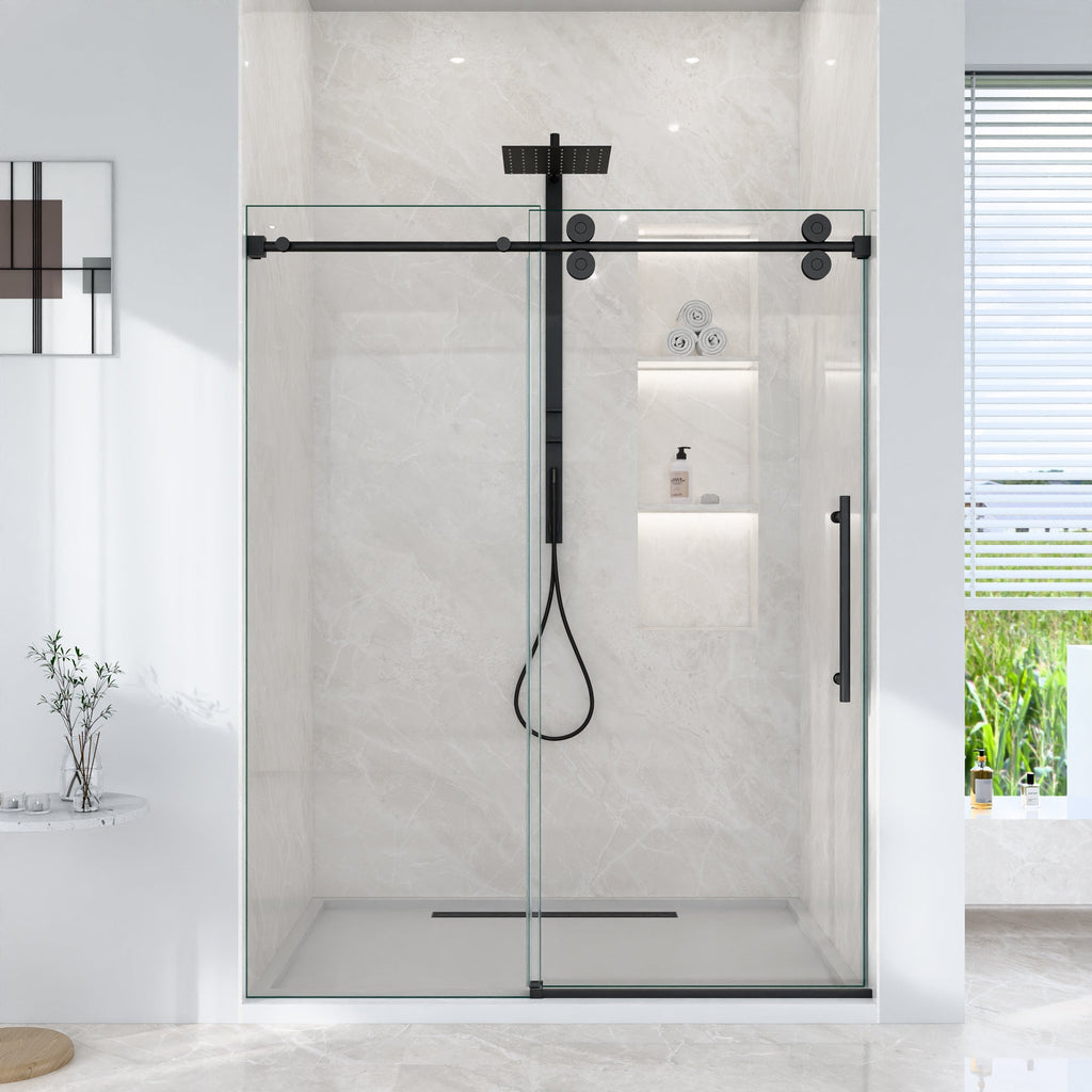 Frameless Single Sliding Shower Door with Matte Finish - Matte Black
