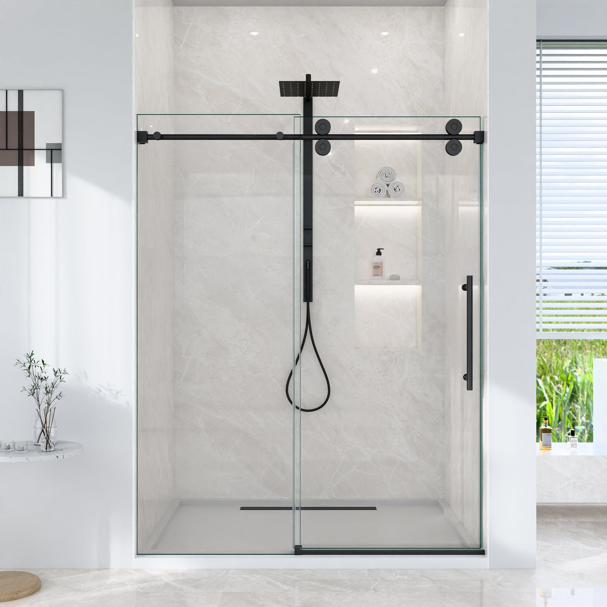 Frameless Single Sliding Shower Door with Matte Finish - Matte Black