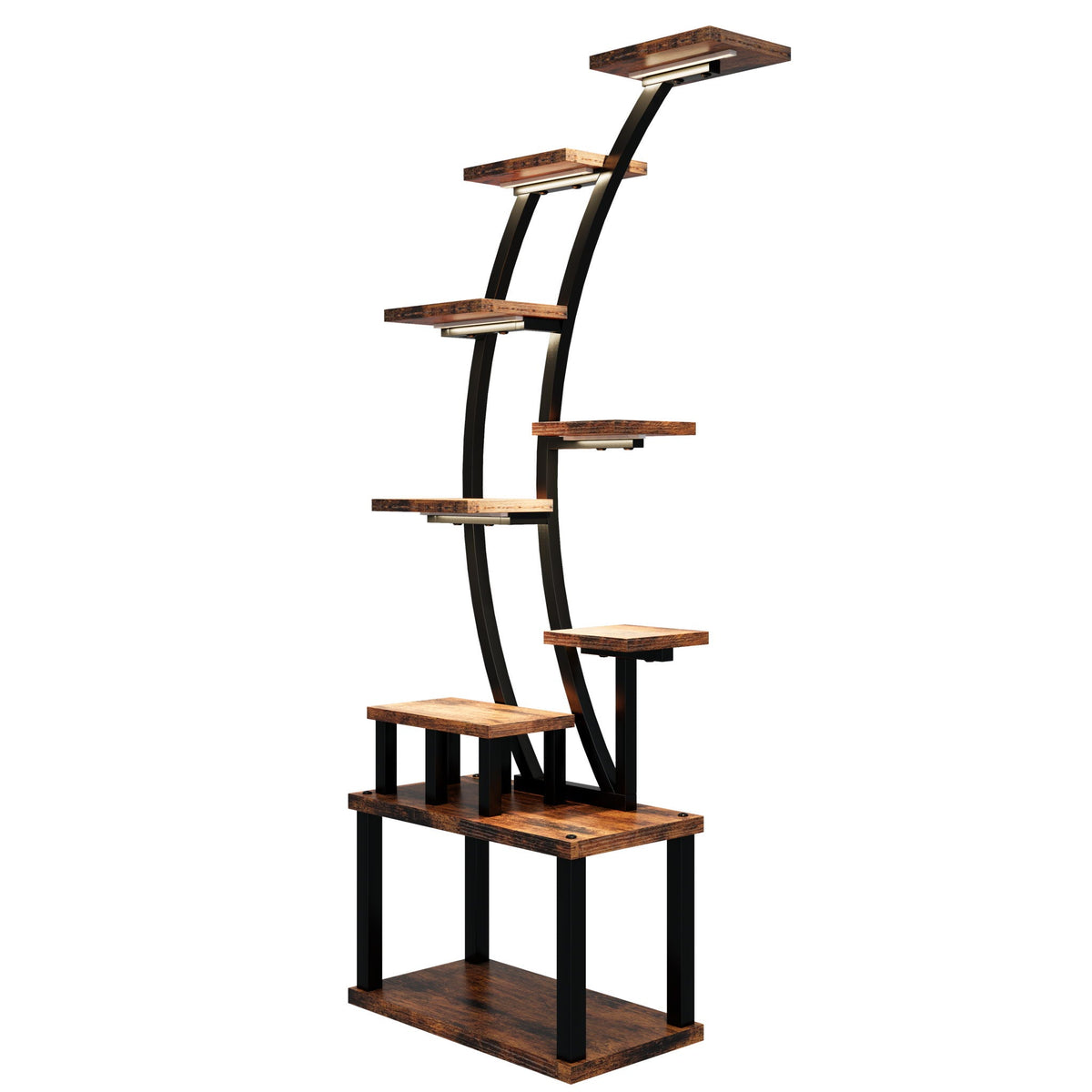 9 Tiered Indoor Plant Stand with 5 Adjustable Grow Lights - Light Brown