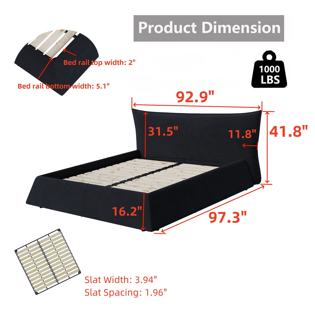 Upholstered Platform Bed with Special Shaped Headboard - Black or Beige