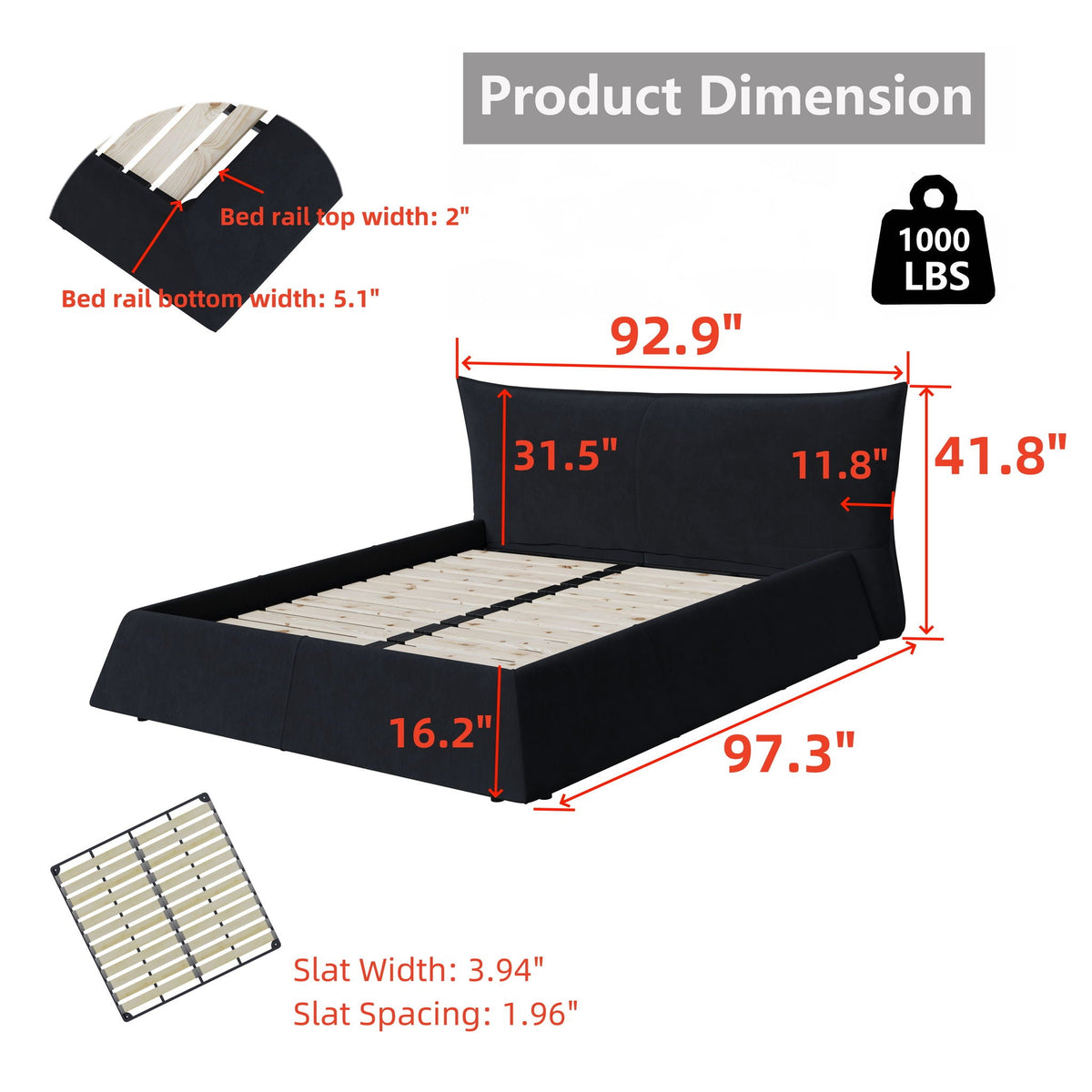 Upholstered Platform Bed with Special Shaped Headboard - Black or Beige