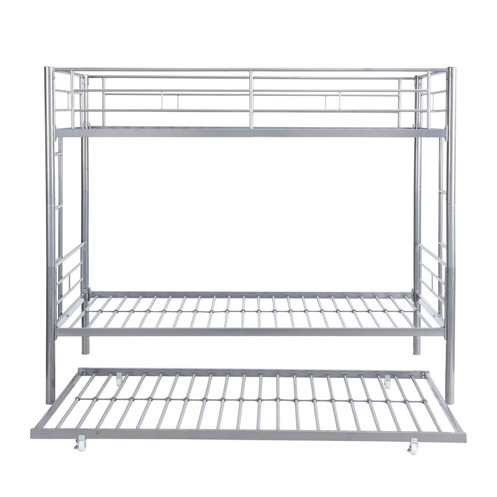 Twin Over Twin Bunk Bed with Trundle - Sturdy Metal Frame - Pearl Silver, White, or Pink