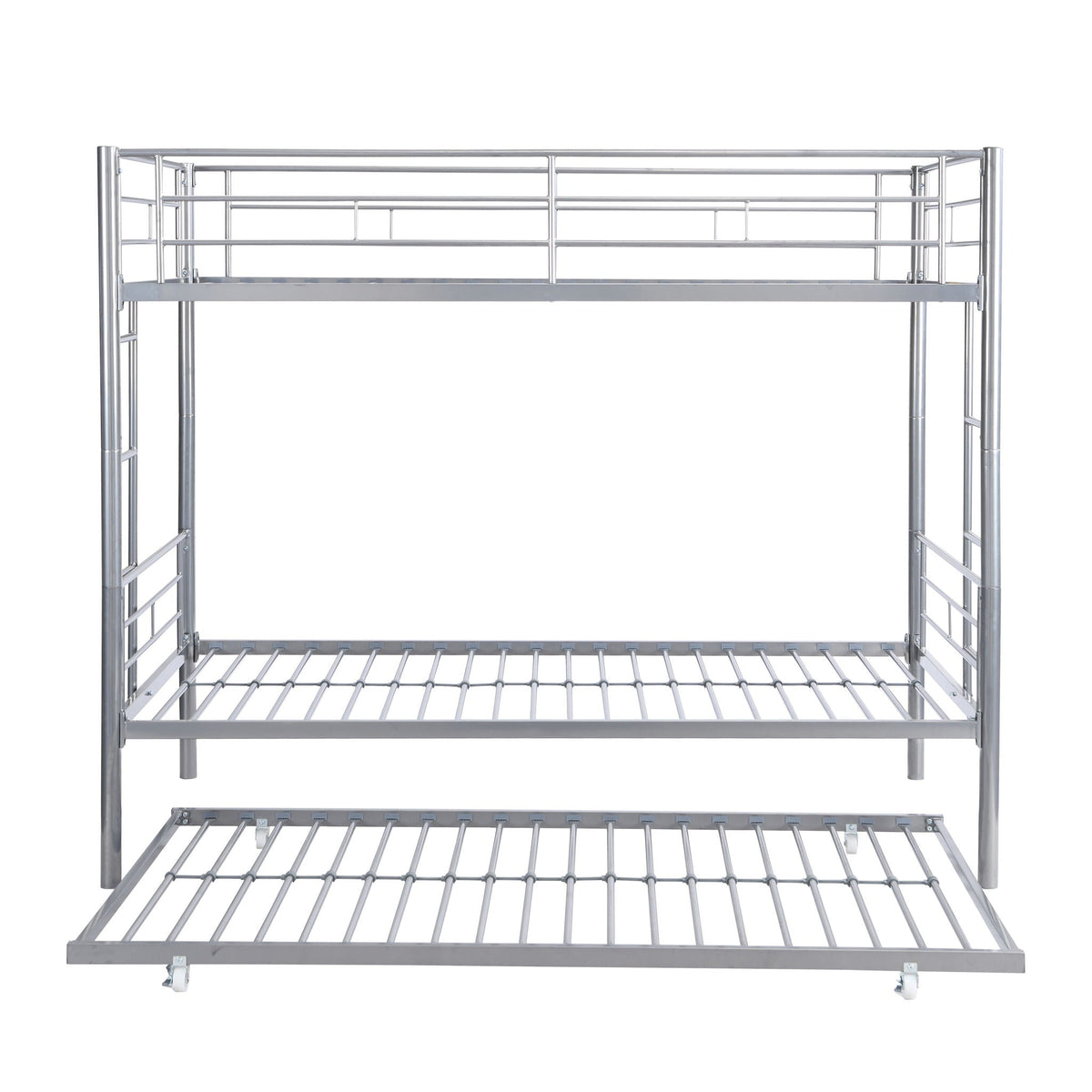 Twin Over Twin Bunk Bed with Trundle - Sturdy Metal Frame - Pearl Silver, White, or Pink