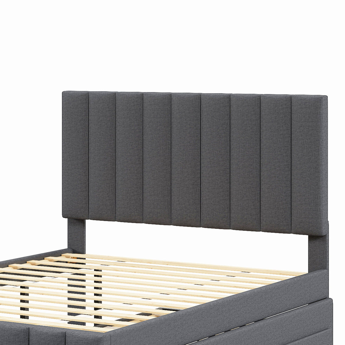 Upholstered Platform Bed with Twin Size Trundle and 3 Drawers - Beige, Full
