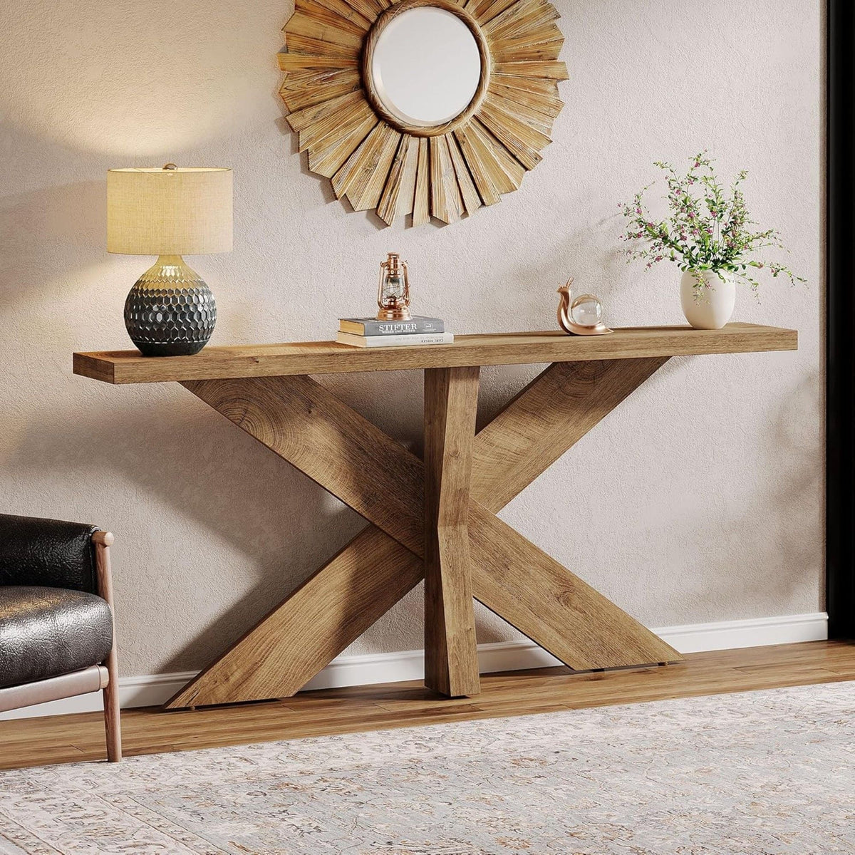 Long Console Table with Geometric Base - Oak