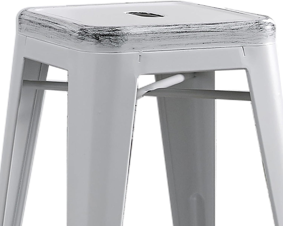 Backless Industrial Metal Bar Stools with Reinforced Design - Distressed White