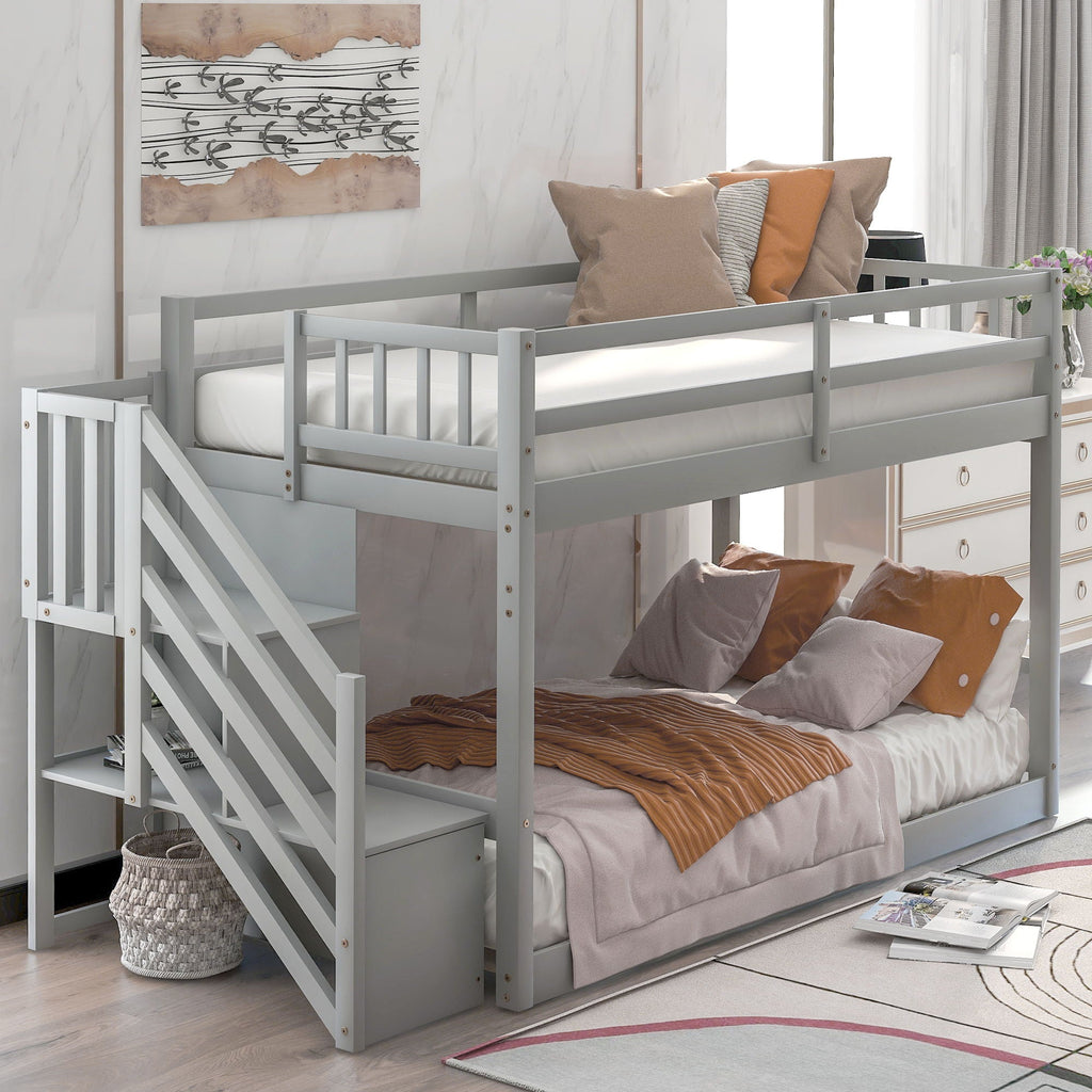Twin Over Twin Floor Bunk Bed with Ladder Storage - White or Dark Gray