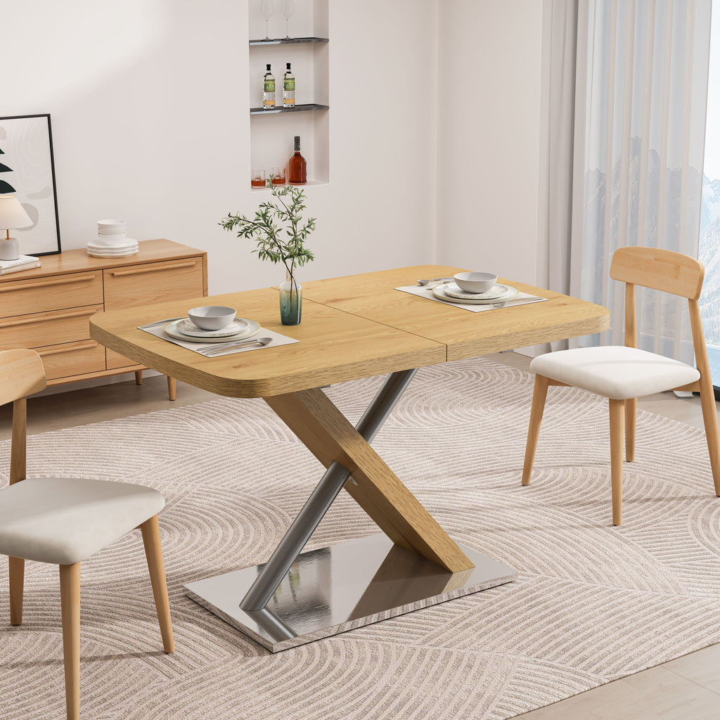 Retractable Square Dining Table with Stainless Steel Cross Base - Natural