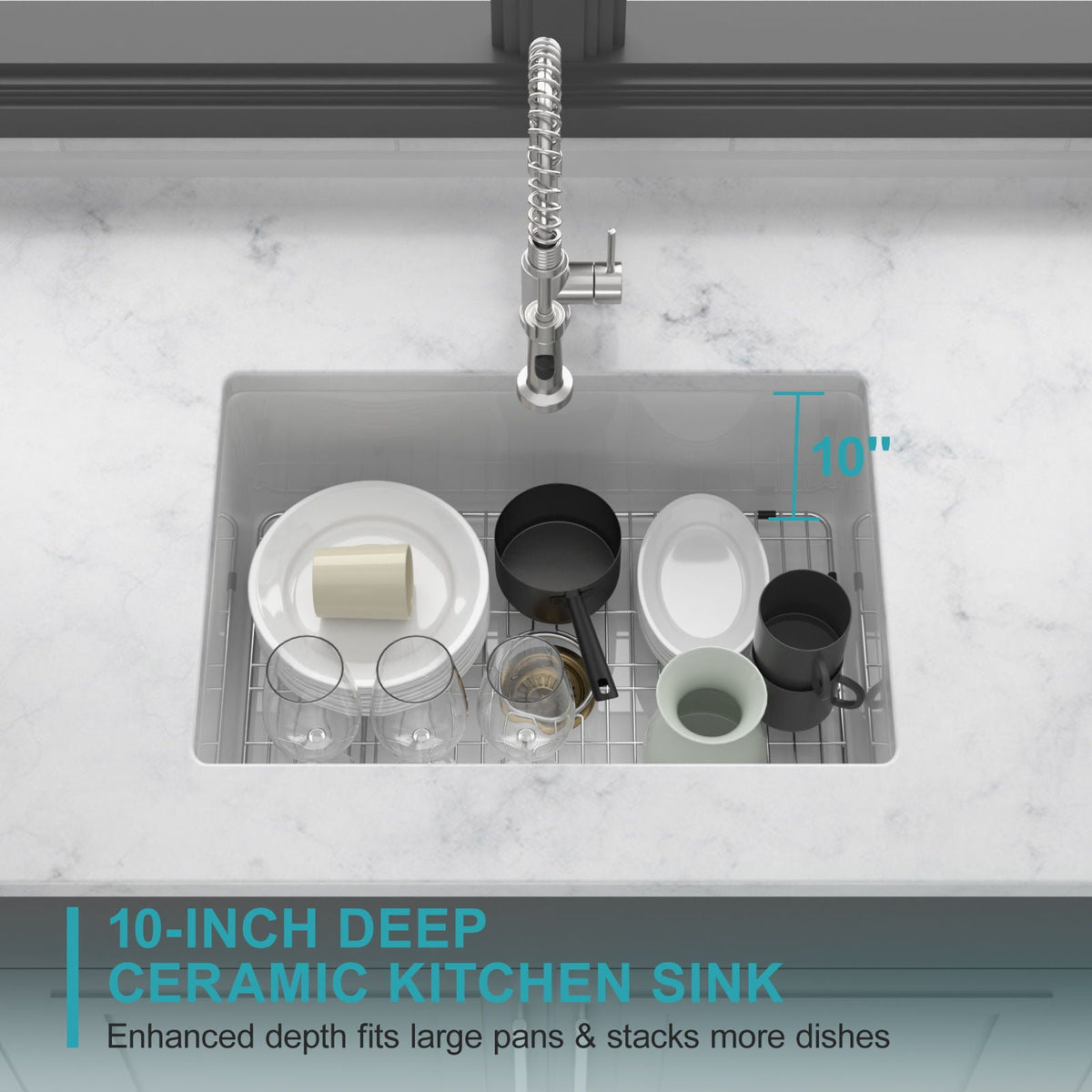 Single Bowl Ceramic Undermount Kitchen Sink with Dual Mount - White