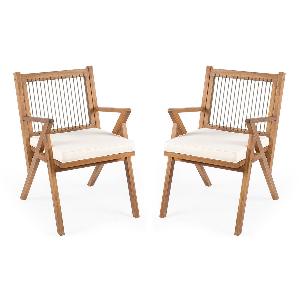 Acacia Wood Patio Dining Chair Set with Water-Repellent Cushions - Grey Rope