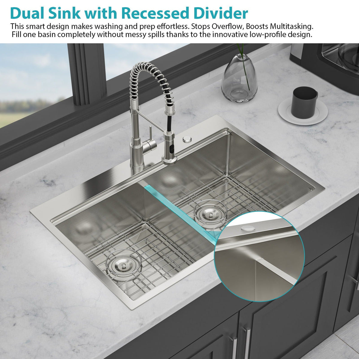 Gray Double Bowl Kitchen Sink with 16 Gauge Stainless Steel - Dual Mount