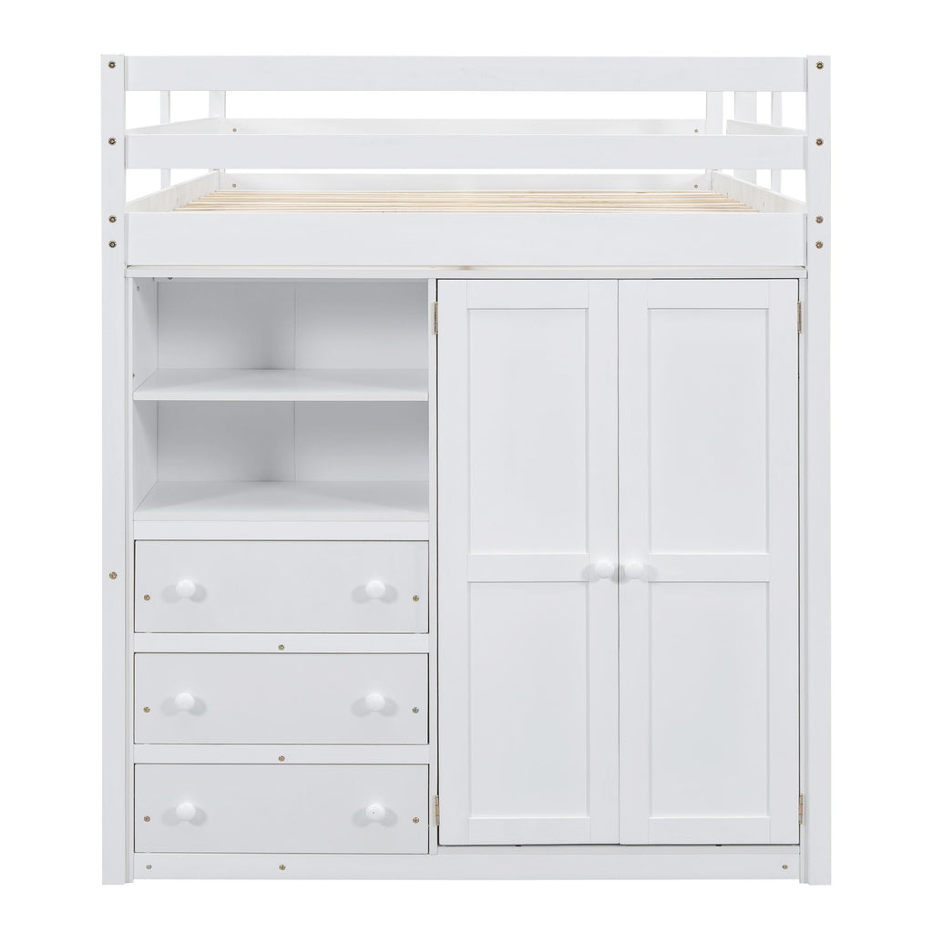 Full Size Loft Bed with Built-In Wardrobe, Shelves, and Drawers - White or Dark Gray