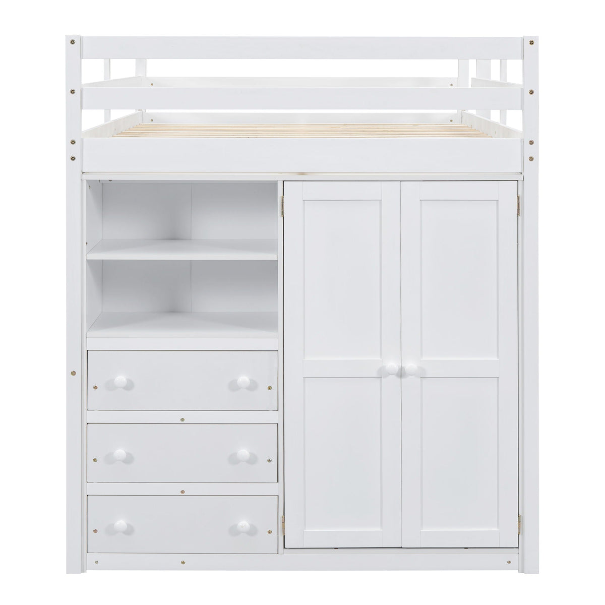 Full Size Loft Bed with Built-In Wardrobe, Shelves, and Drawers - White or Dark Gray
