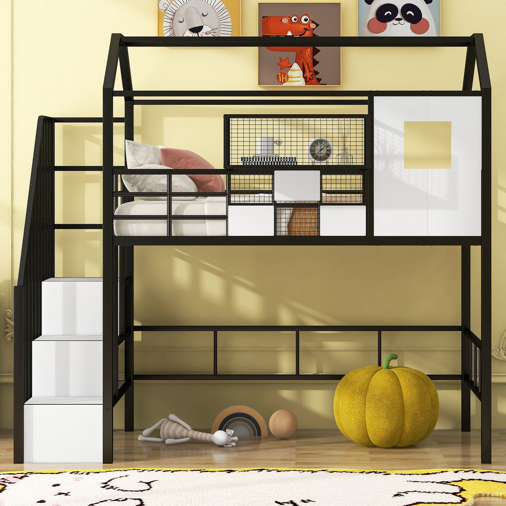 Metal Loft Bed With Roof Design and Storage Box with Guardrails and Integrated Ladder - Twin