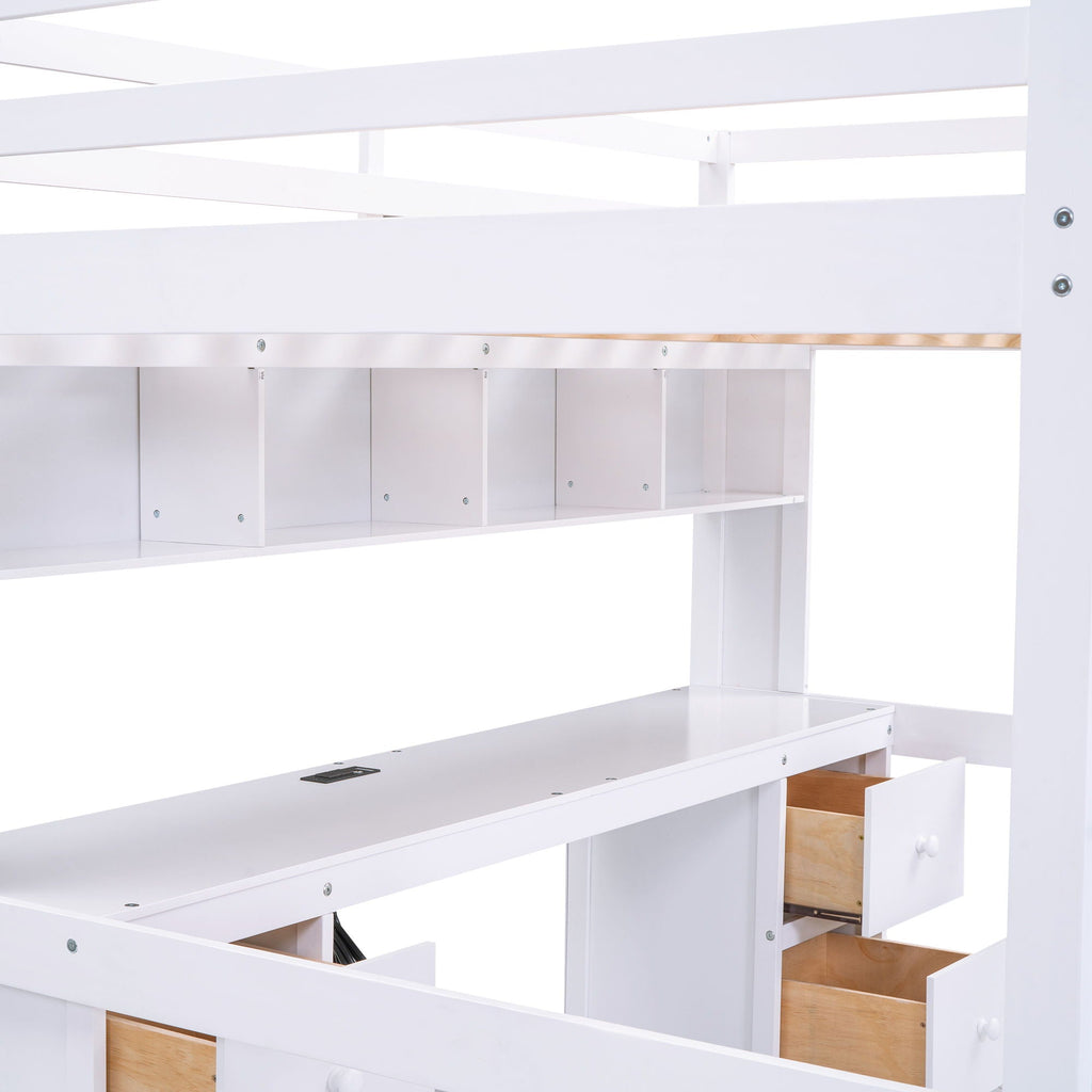 Loft Bed with Desk, Cabinets, Drawers and Charging Station - Full Size