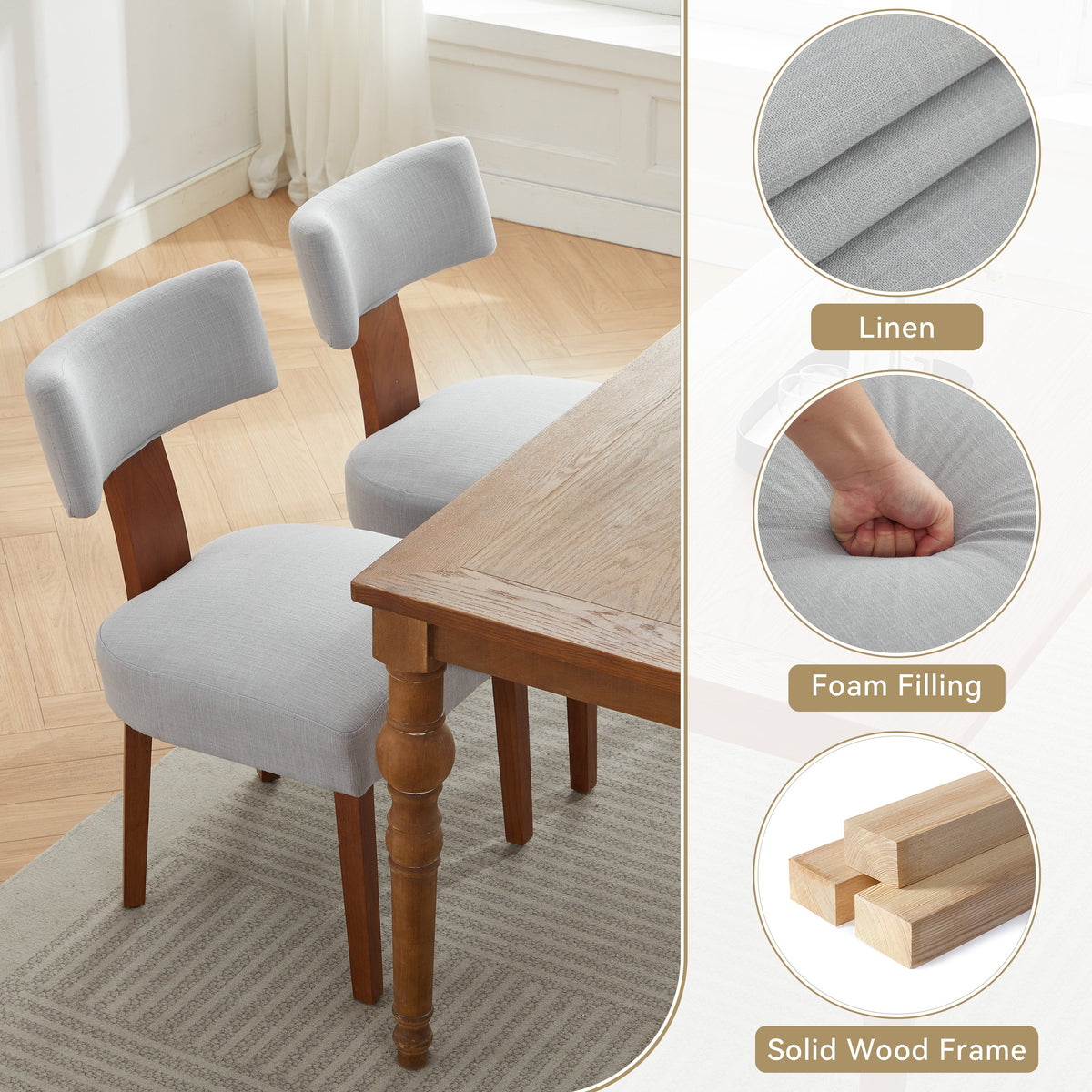 Set of 2 Dining Chairs with Linen Upholstery - Light Brown