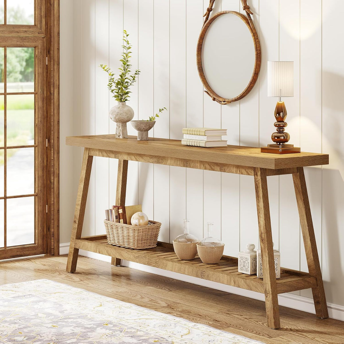 Extra Long Console Table with 2-Tier Open Storage - Farmhouse Style - Brown