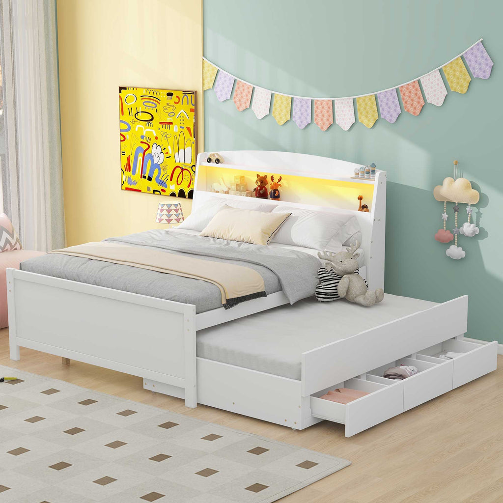 Full Size Platform Bed with Storage LED Headboard and Twin Trundle - White